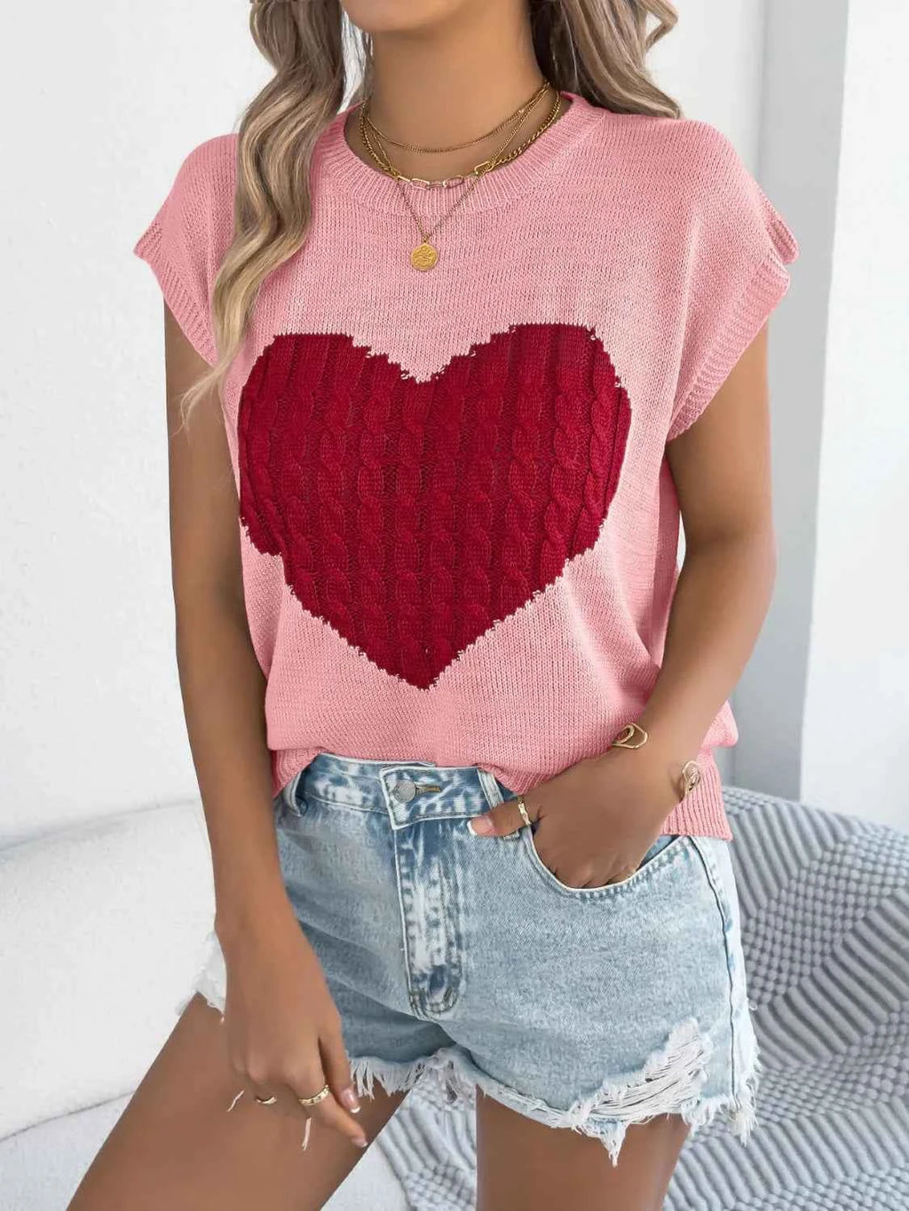 Cable Knit Heart Round Neck Cap Sleeve Knit Top.