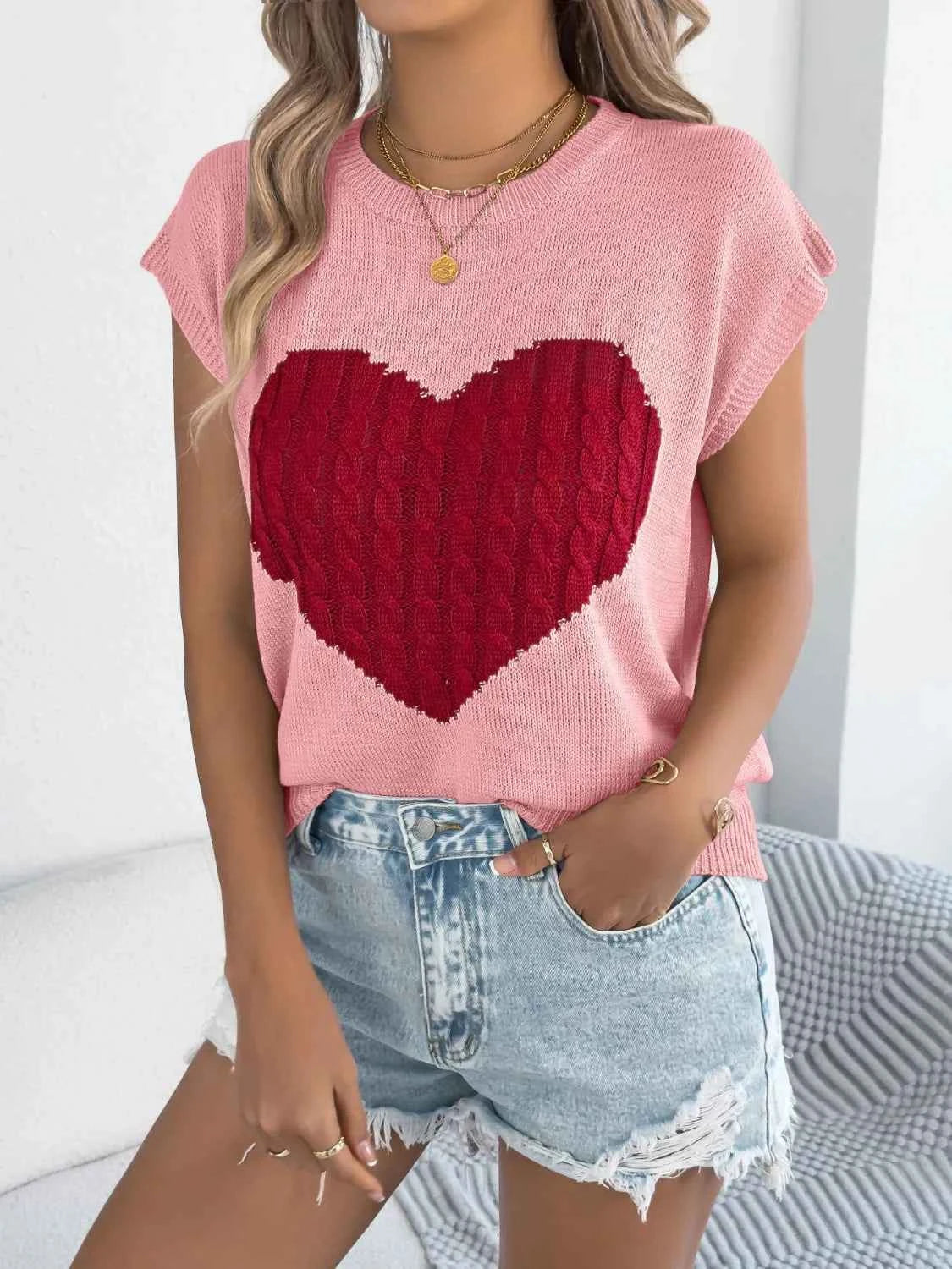 Cable Knit Heart Round Neck Cap Sleeve Knit Top.