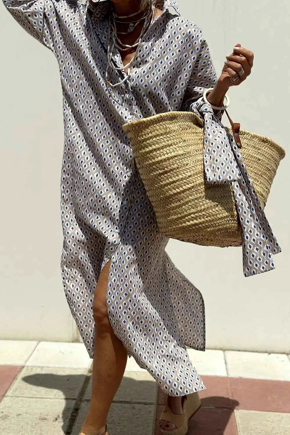Tied Button Up Three-Quarter Sleeve Dress.