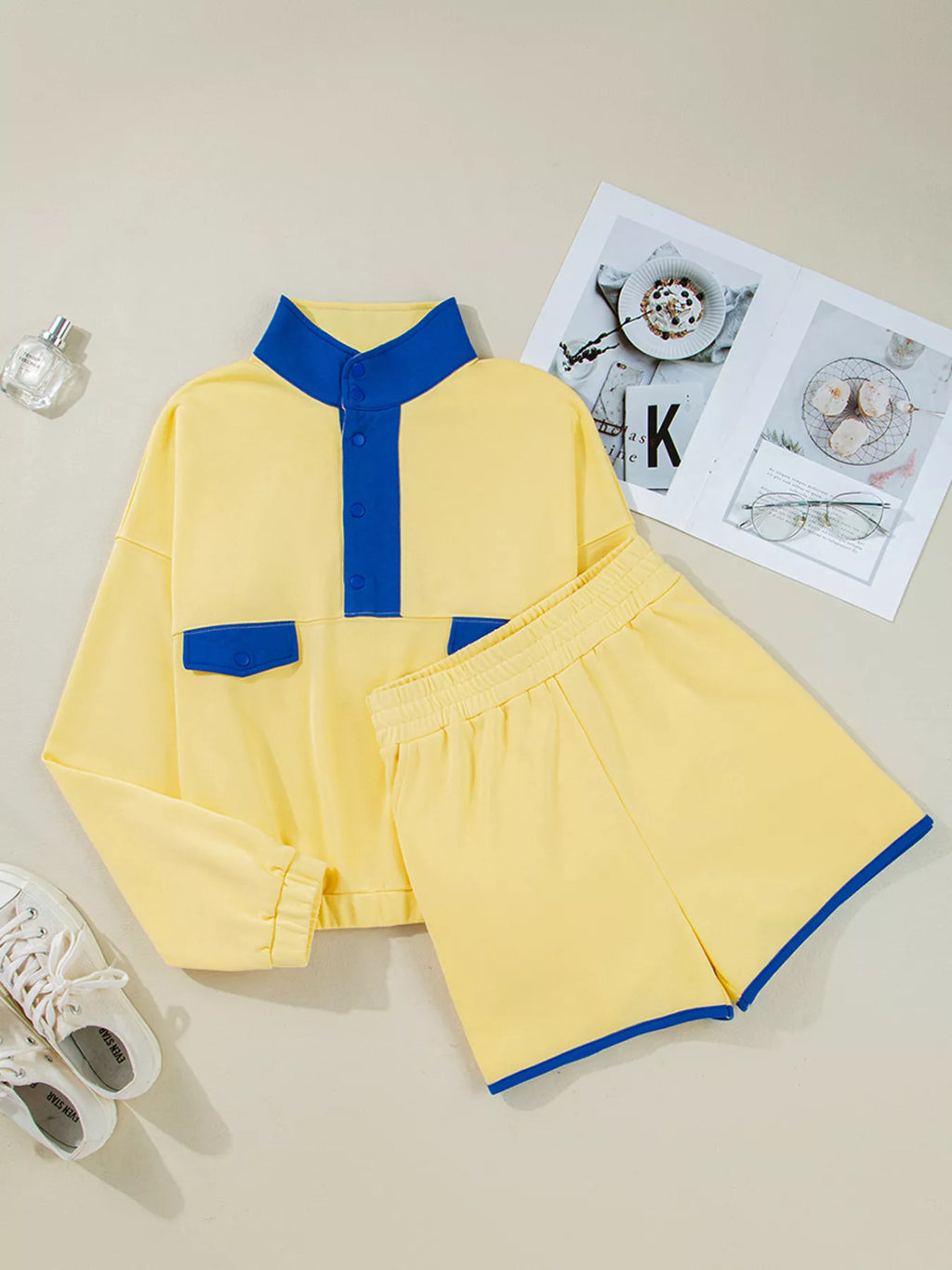 Color Block Patchwork Half Button Top and Shorts 2pcs Set.