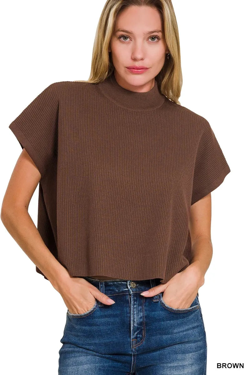 Zenana Viscose Mock Neck Short Sleeve Boxy Sweater.