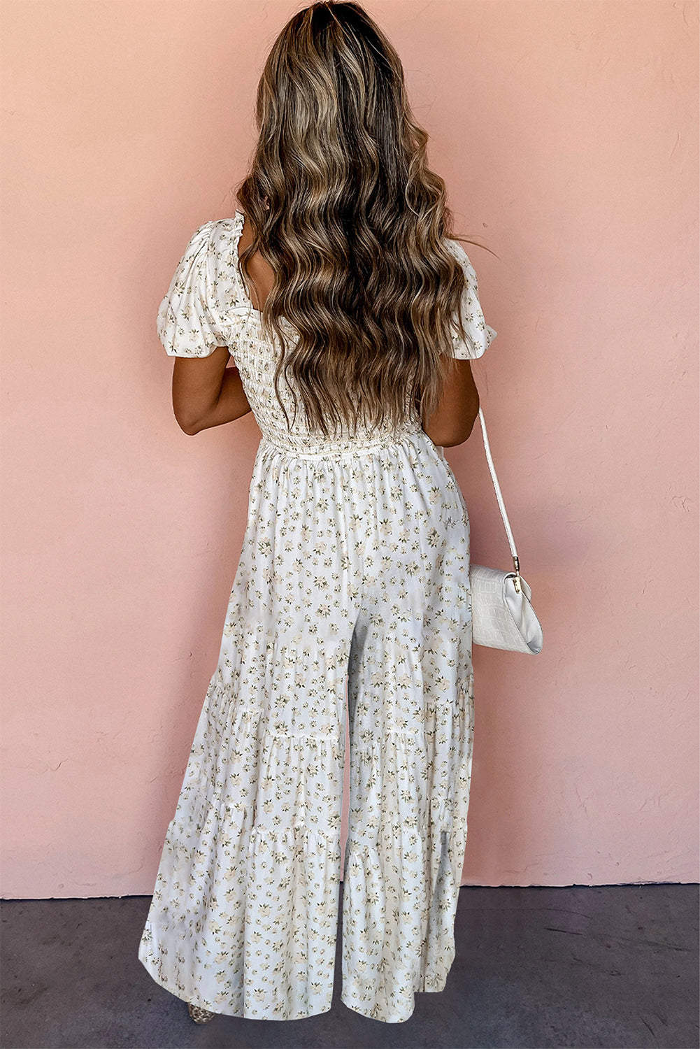 White Boho Floral Smocked Wide Leg Short Puff Sleeve Jumpsuit Dear-Lover Dropshipping