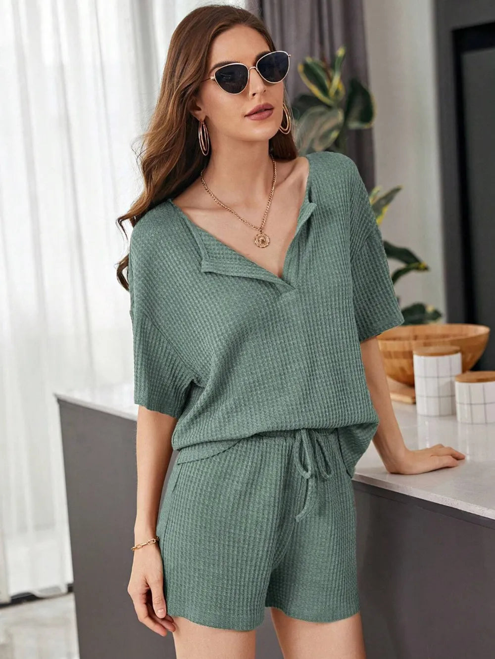 Full Size Waffle-Knit Dropped Shoulder Top and Shorts Set - CHIC TB
