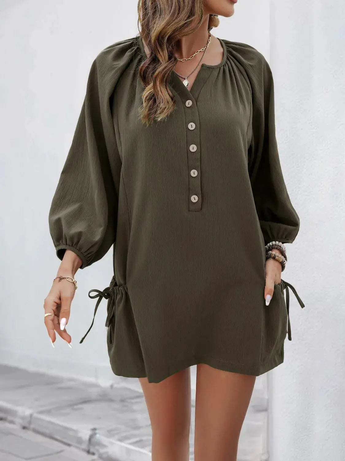Button Front Balloon Sleeve Dress.