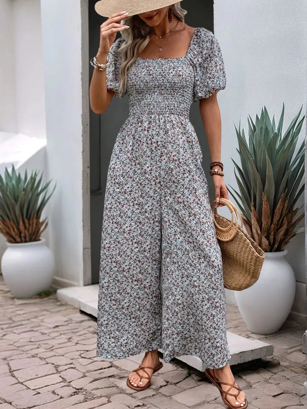 Perfee Ditsy Floral Smocked Square Neck Puff Sleeve Jumpsuit.
