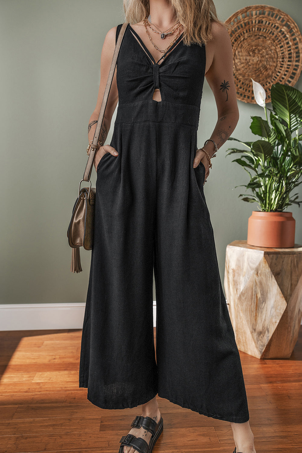 Black Front Cut Out Smocked Back Sleeveless Wide Leg Jumpsuit Dear-Lover Dropshipping