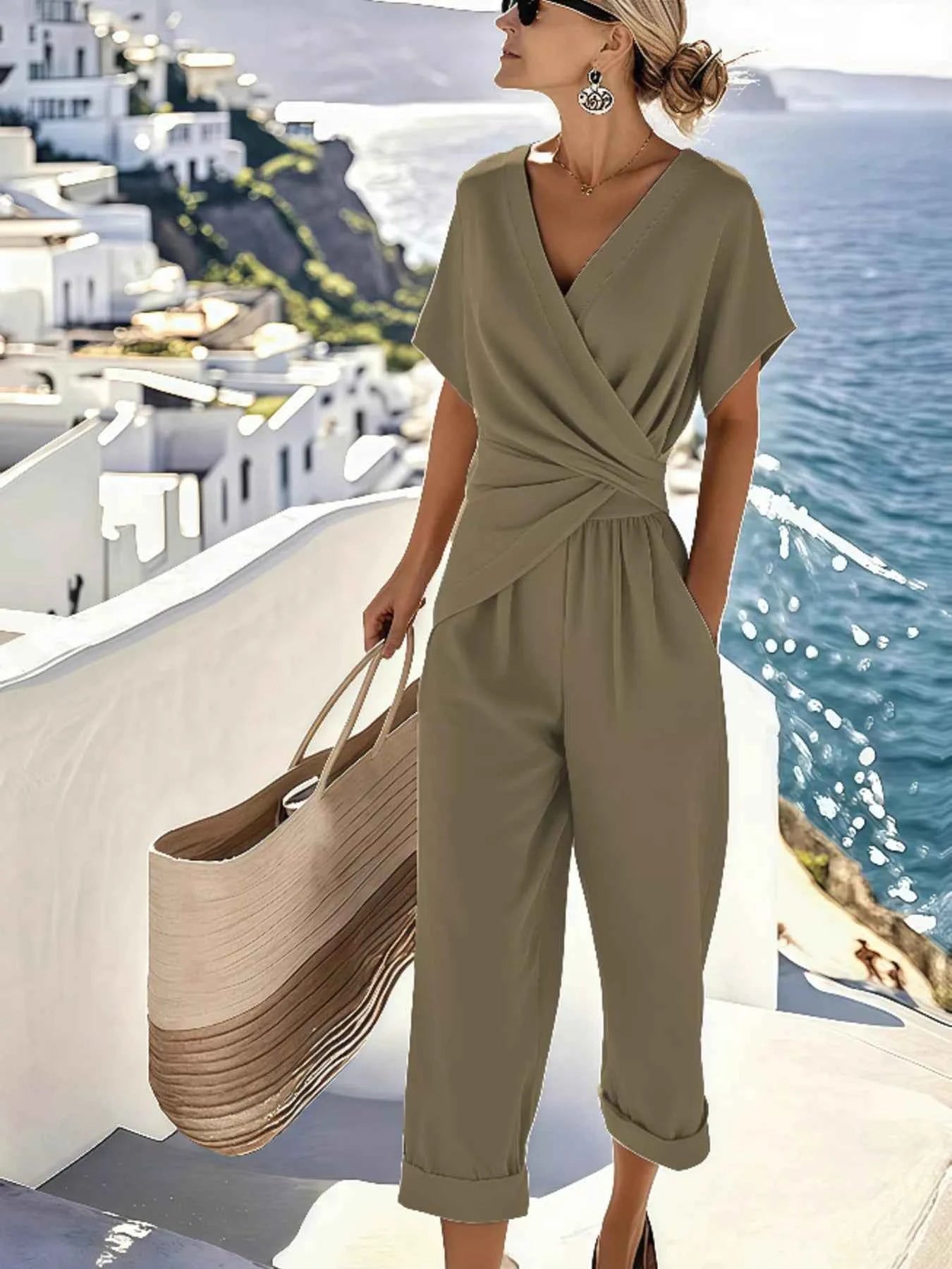 Full Size Surplice Short Sleeve Top and Pants Set Plus Size