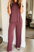 Burgundy Twisted Ribbed High Neck Loose Tee Elastic High Waist Loose Pant Set