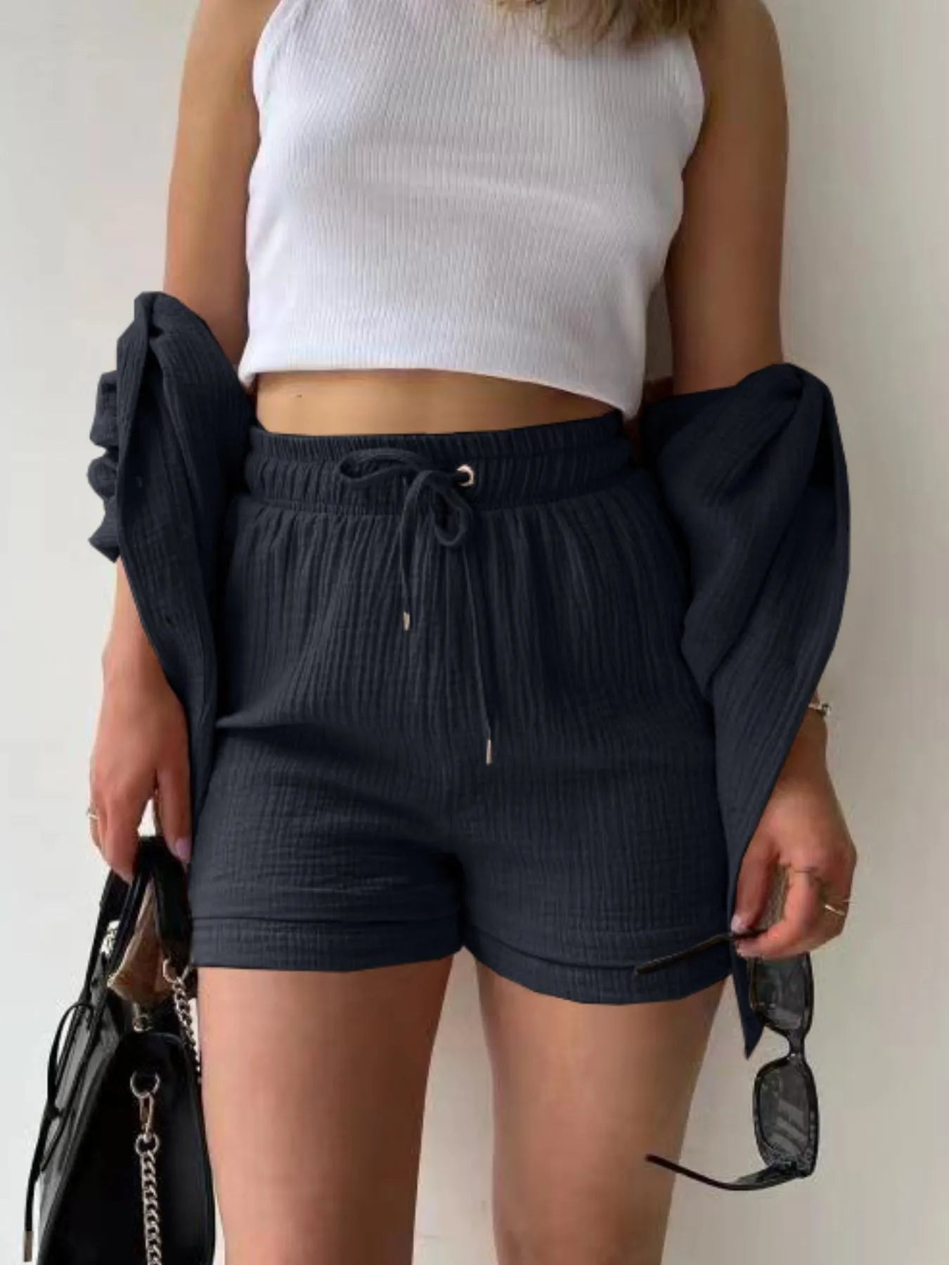 Textured Button Up Shirt and Shorts Set.