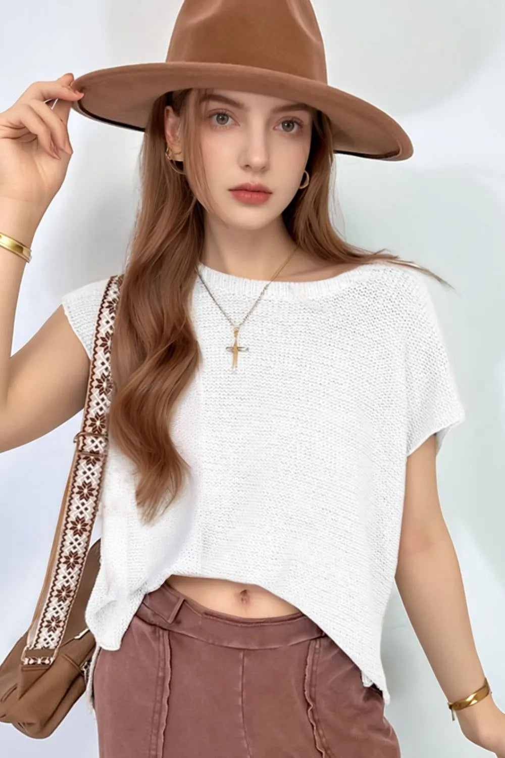 Side Slit Round Neck Knit Top.