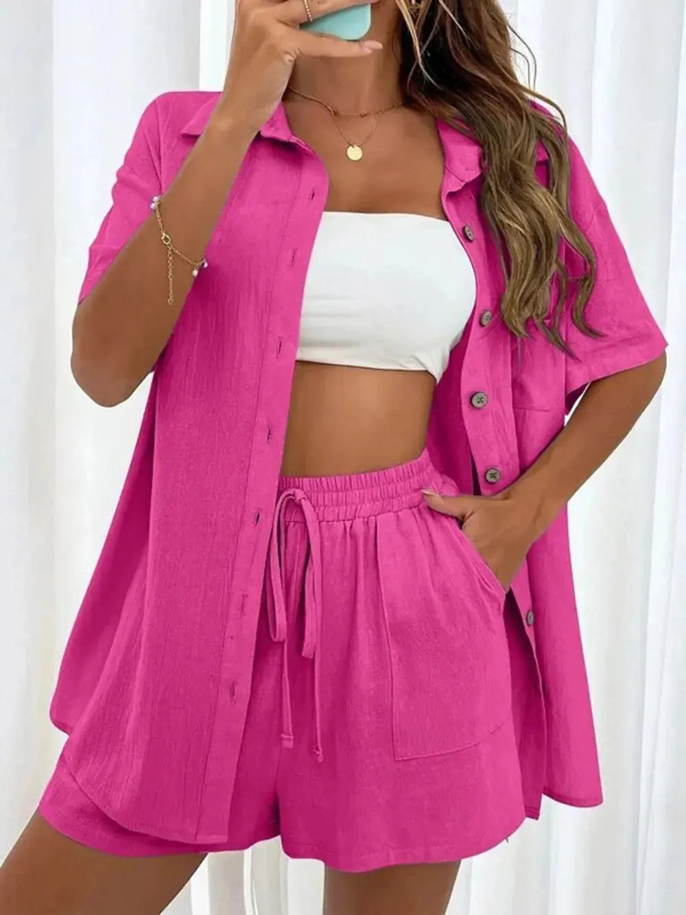 Button Up Shirt and Drawstring Shorts Set - CHIC TB