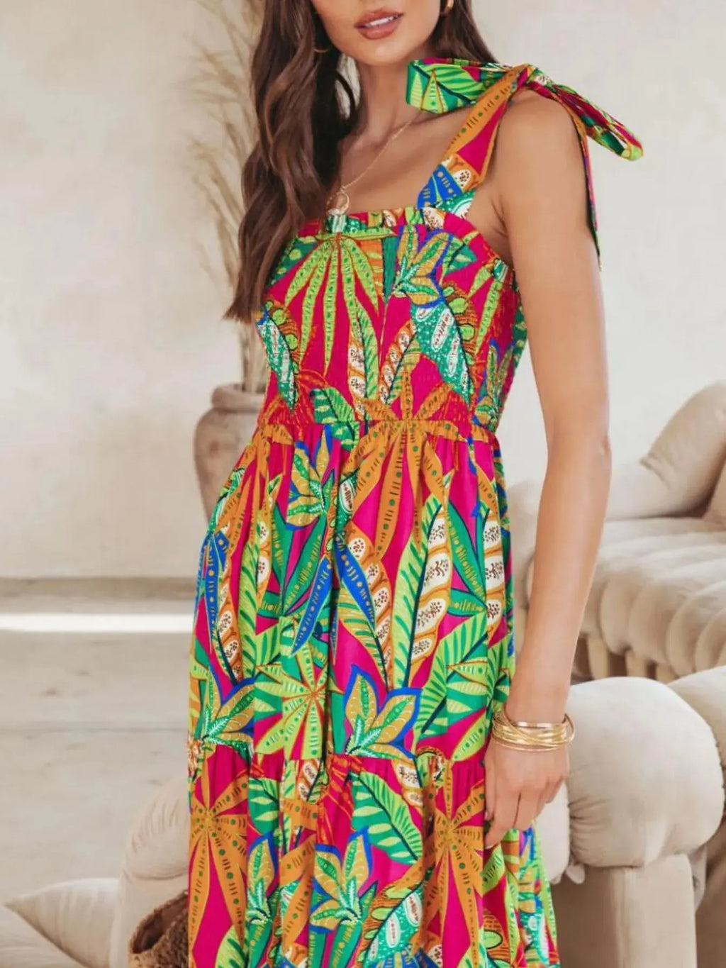 Tropical Print Tie Shoulder Maxi Dress.