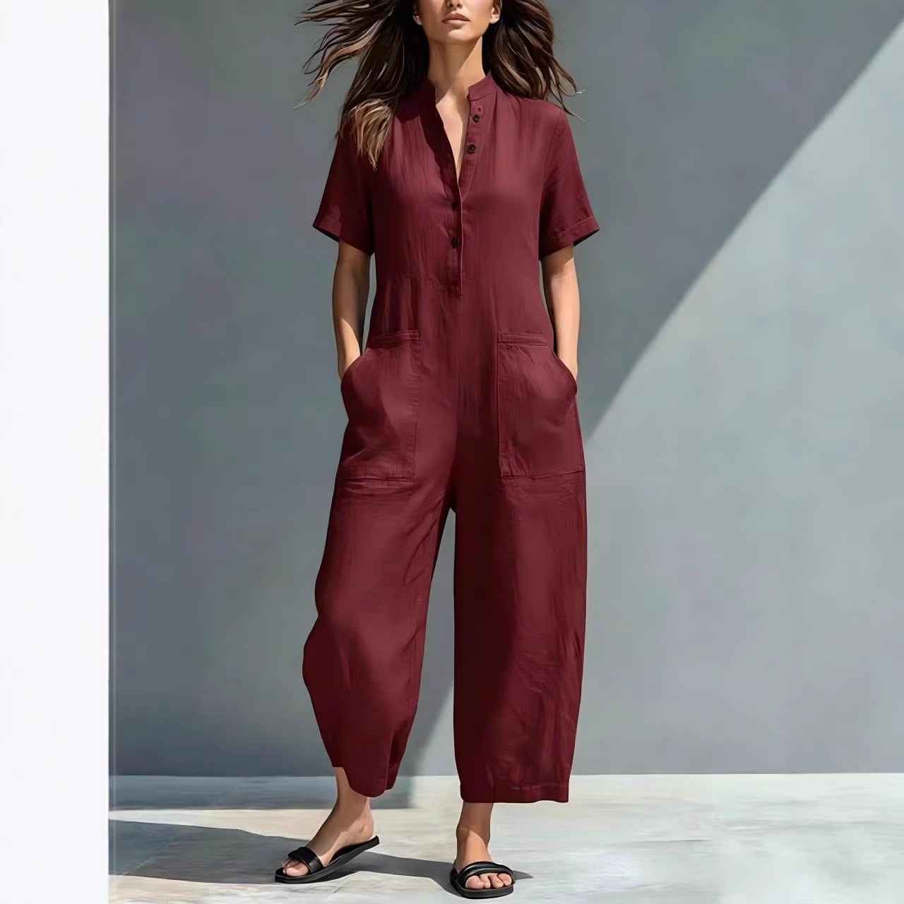 Simple Linen-blend Buttoned Stand Collar Short-sleeve Loose Jumpsuit