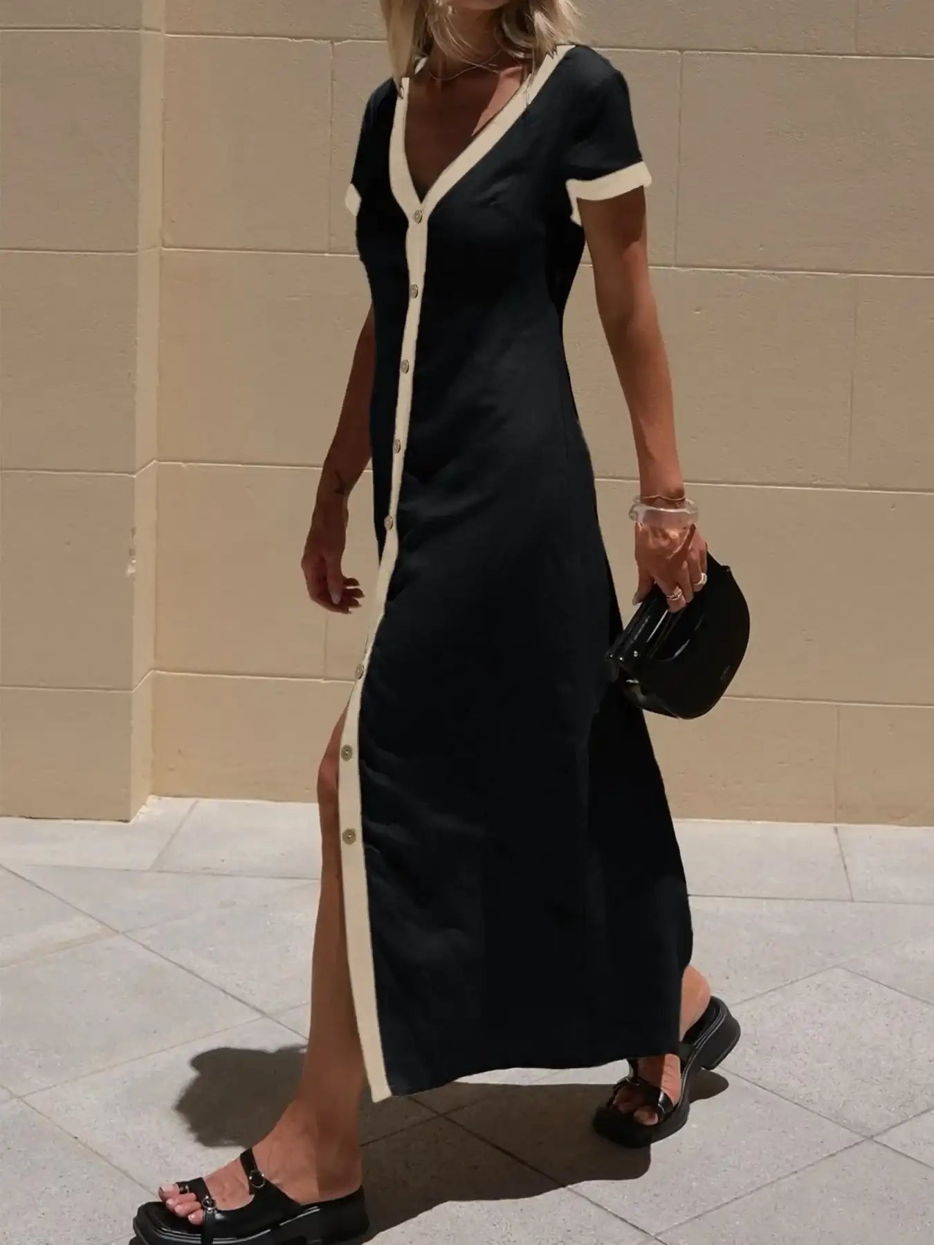 Button-Front Contrast Trim Midi Dress.