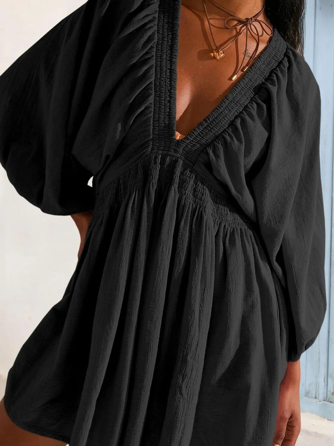 Textured V-Neck Mini Dress.