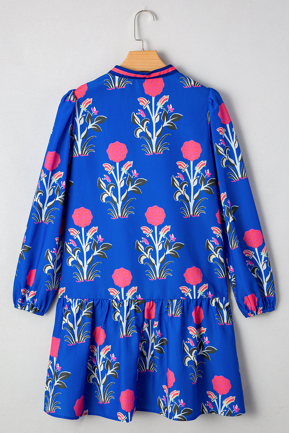 Sky Blue Floral Print Contrast Striped Trim Notched Neck Long Sleeve Dress Dear-Lover Dropshipping