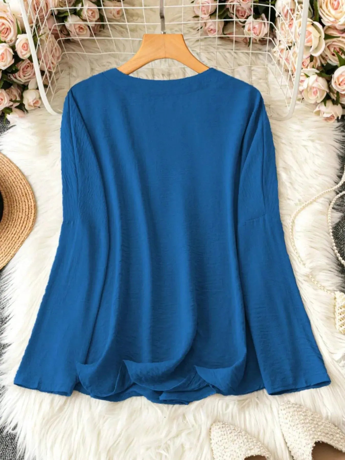 Notched Long Sleeve Casual Blouse.
