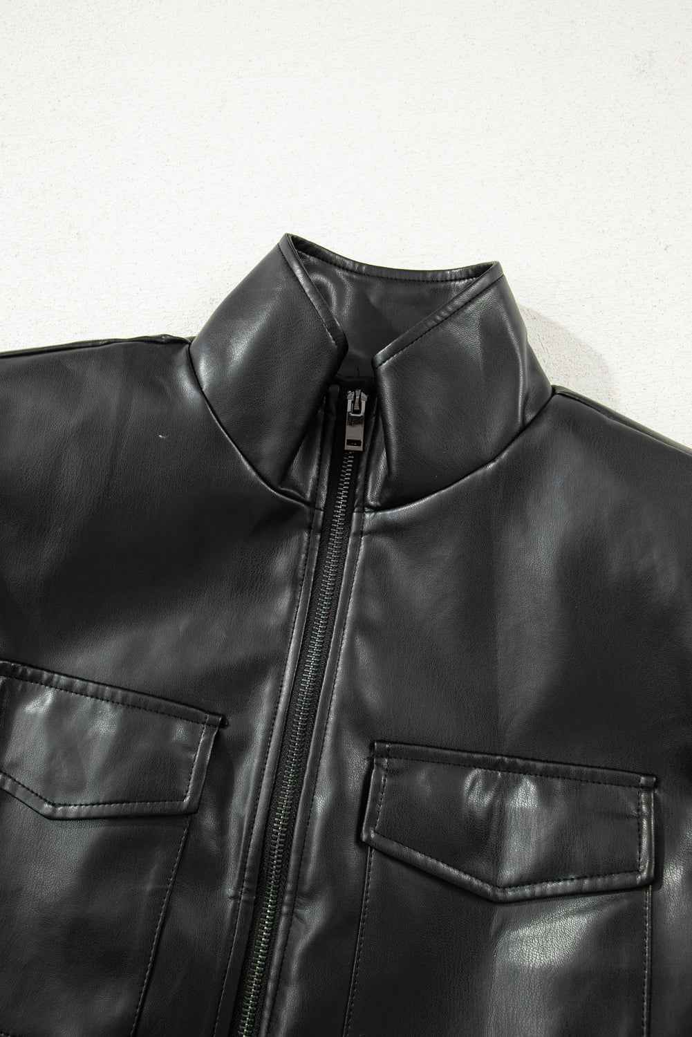 Black Double Flap Pocket Faux Leather Zip Up Stand Neck Vest