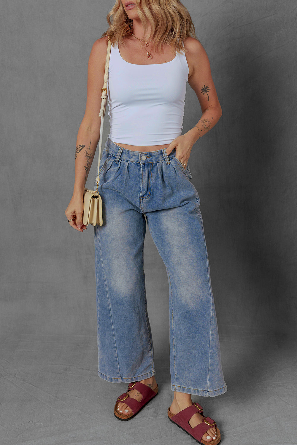 Ashleigh Blue Washed Pleated Detail Wide Leg Jeans Dear-Lover Dropshipping