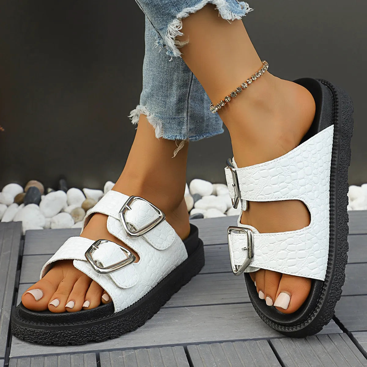 Double Buckle Platform women Sandals.