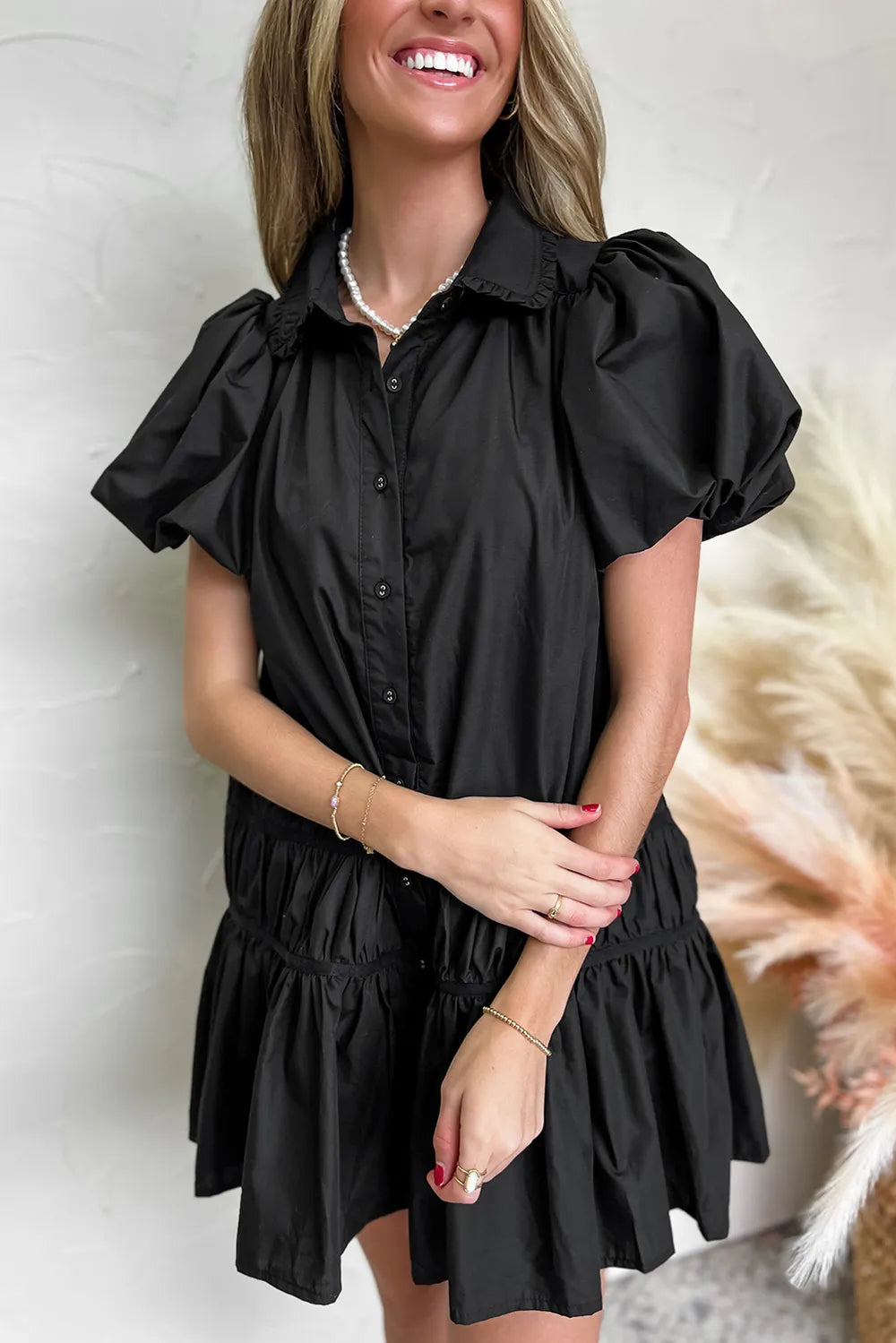 Button Down Puff Sleeve Ruffle Hem Dress.