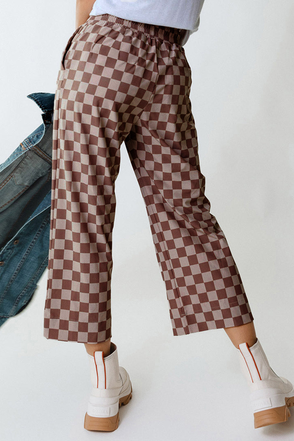 Khaki Checkered Elastic High Waist Loose Casual Pants Dear-Lover Dropshipping