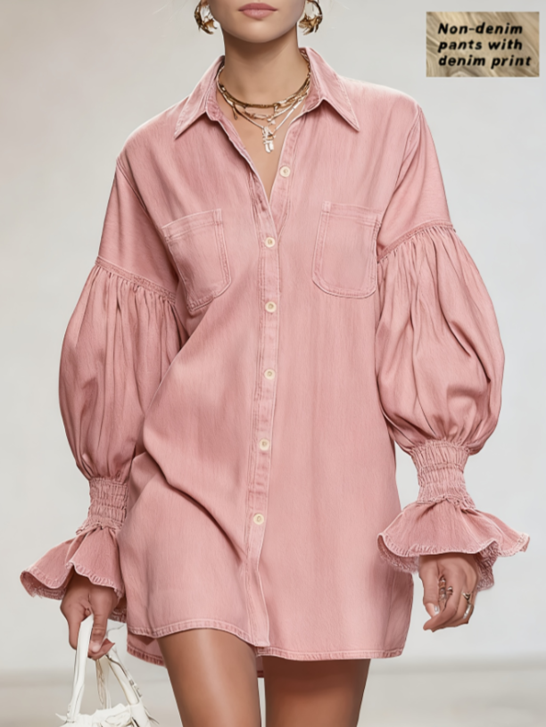Puff-sleeve Denim Printed Shirt Dress