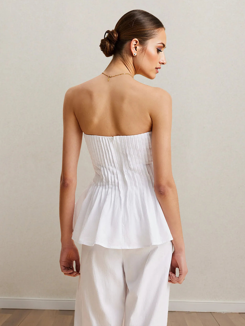 Strapless Peplum Top and Wide Leg Pants Set.