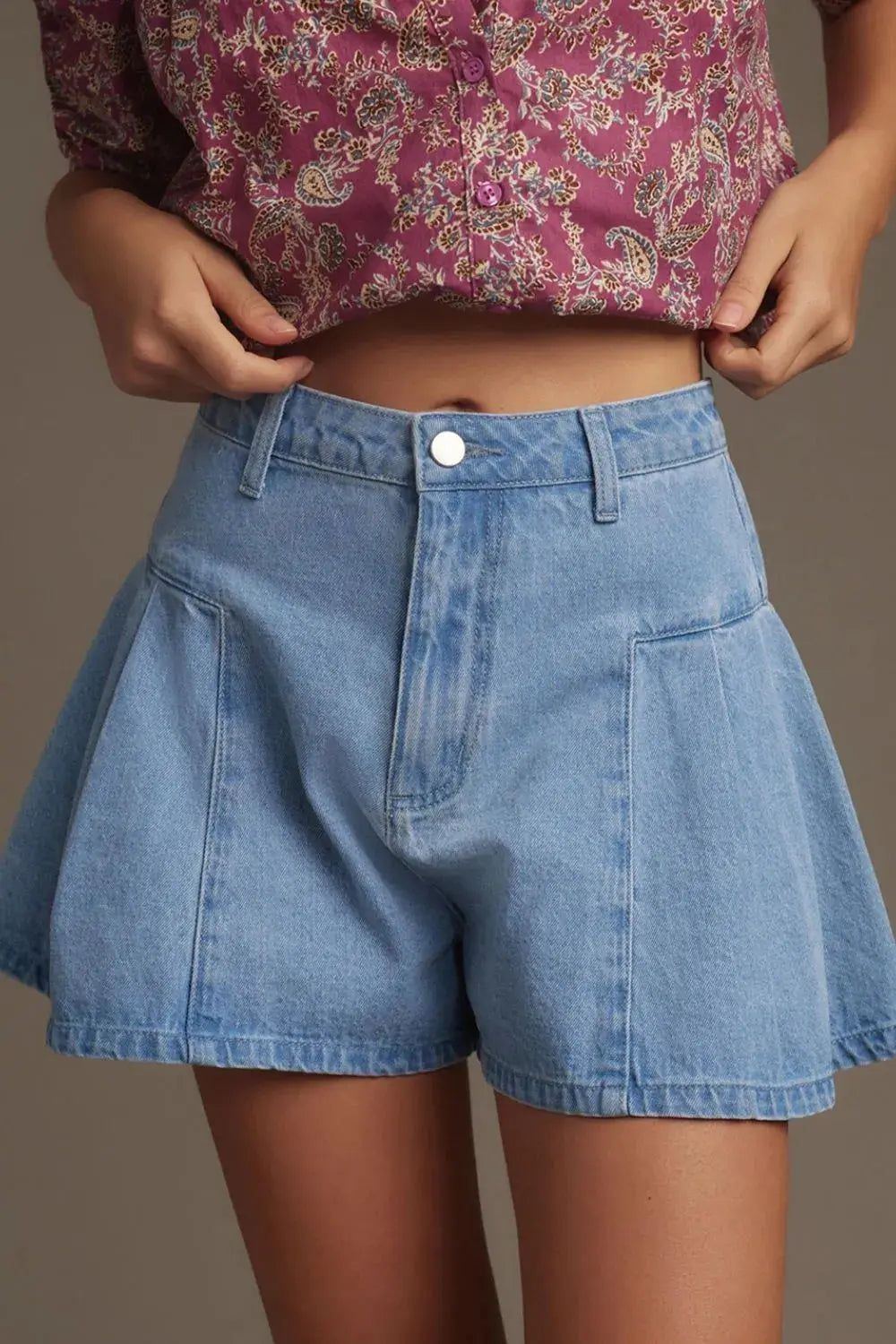 Pleated Patchwork Panel Lightweight Denim Shorts.
