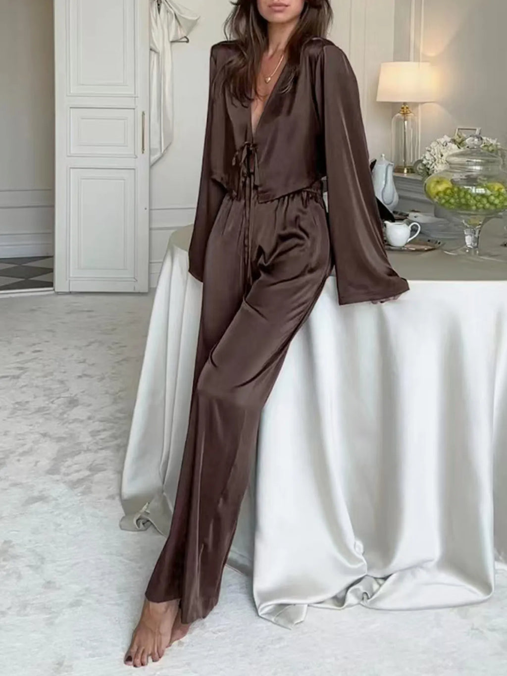 Tie-Front Crop Top and Pants Set.