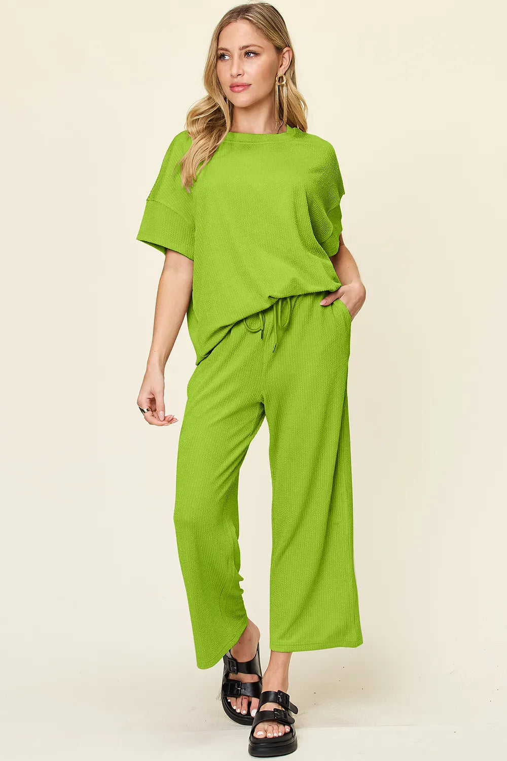 Double Take Full Size Texture Round Neck Short Sleeve T-Shirt and Wide Leg Pants - CHIC TB
