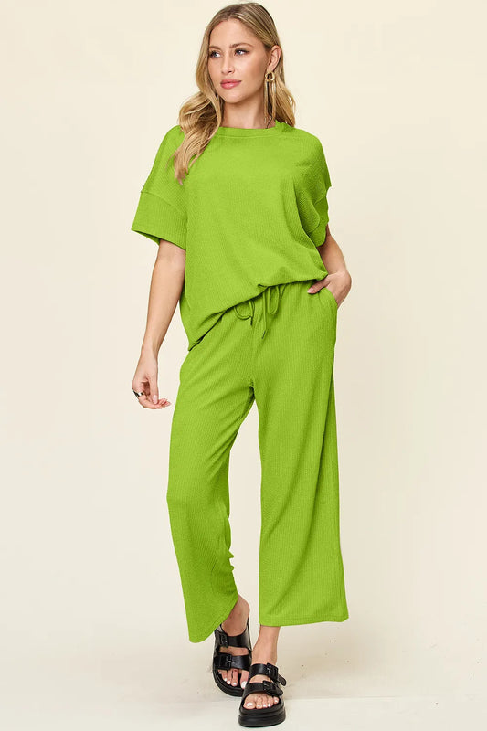 Double Take Full Size Texture Round Neck Short Sleeve T-Shirt and Wide Leg Pants - CHIC TB