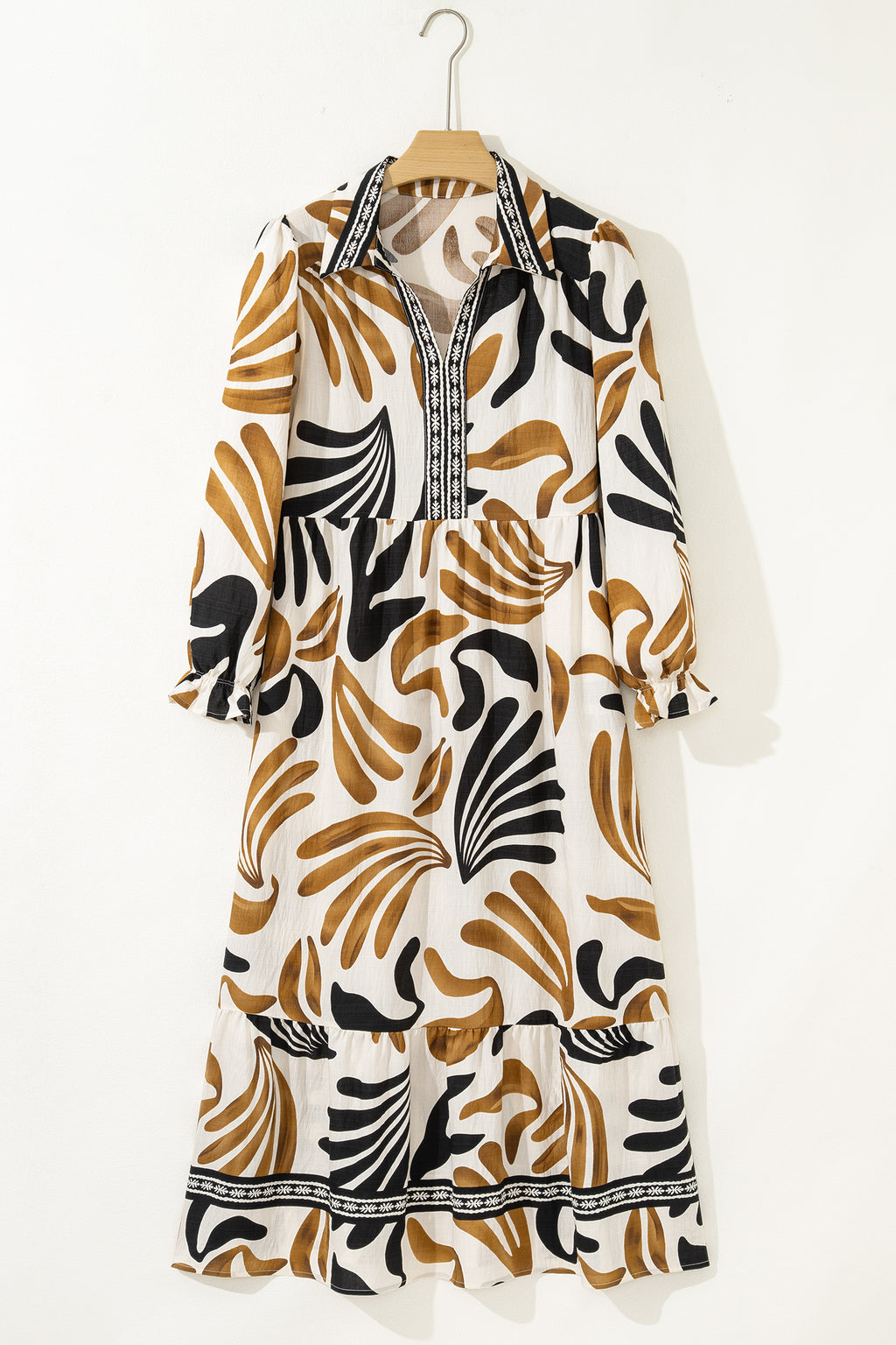 Brown Tropical Printed Contrast Trim Neck Long Sleeve Ruffle Hem Dress