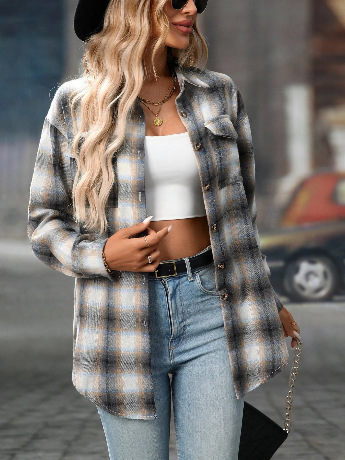 Oversized Plaid Button-Up Shirt.