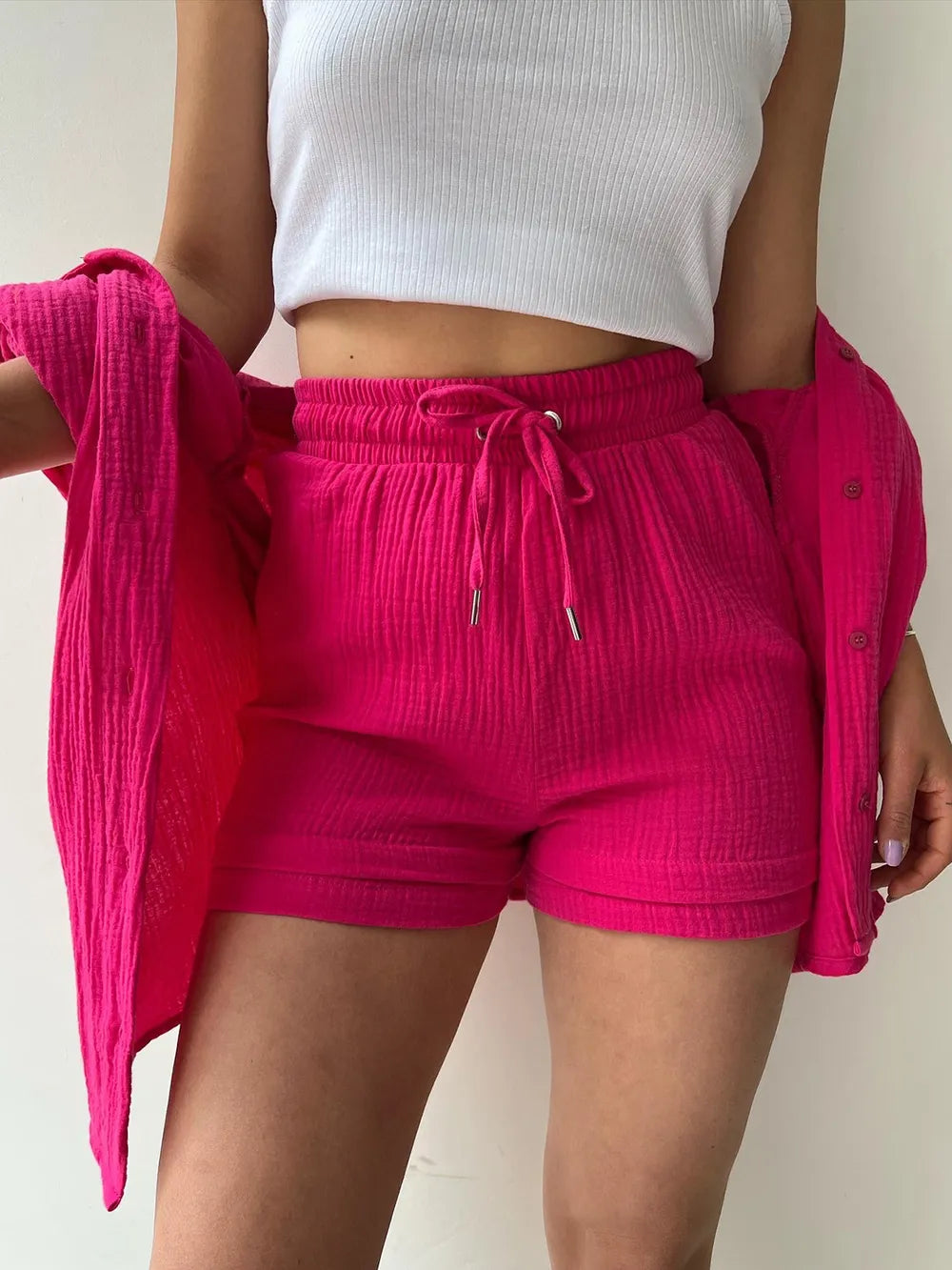 Texture Button Up Shirt and Drawstring Shorts Set - CHIC TB