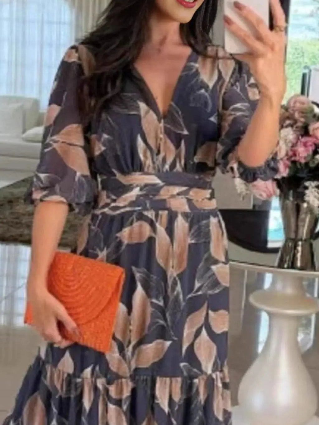 Full Size Printed V-Neck Maxi Dress with Tiered Hemline Plus Size.