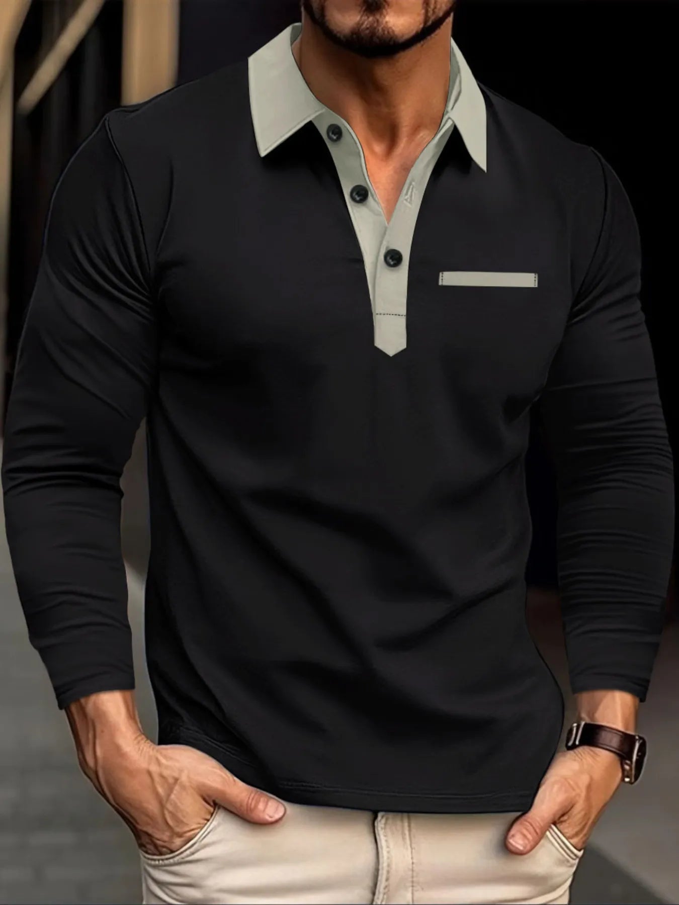 Men's Full Size Long Sleeve Contrast Collar Polo Shirt Plus Size.