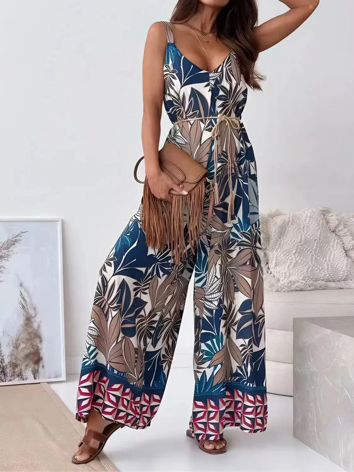 Printed V-Neck Wide Leg Jumpsuit.