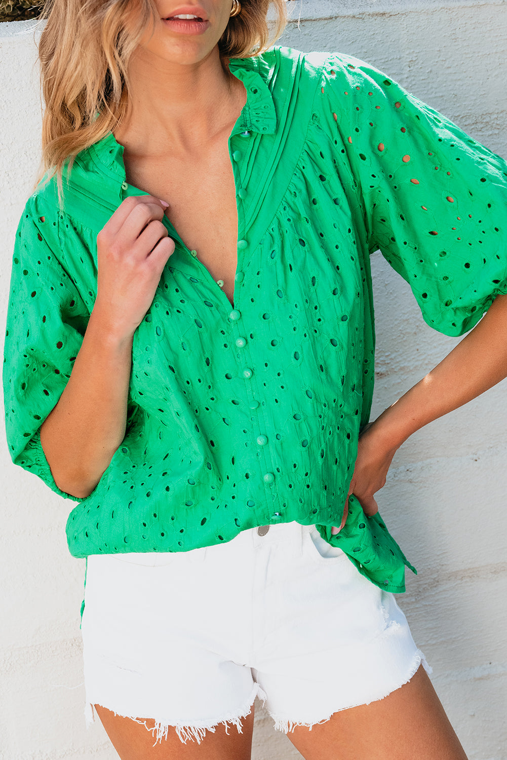 Green Flower Embroidered Hollow-out Puff Sleeve Blouse Dear-Lover Dropshipping