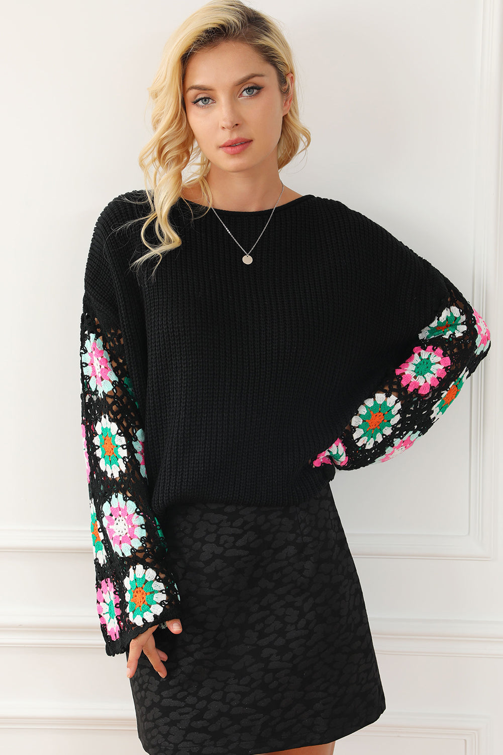 Black Floral Crochet Bell Sleeve Loose Sweater Dear-Lover Dropshipping