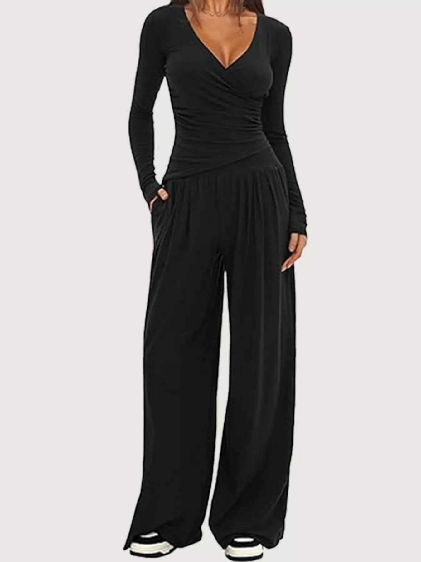 Casual Long Sleeve Top and Wide Leg Pants Set