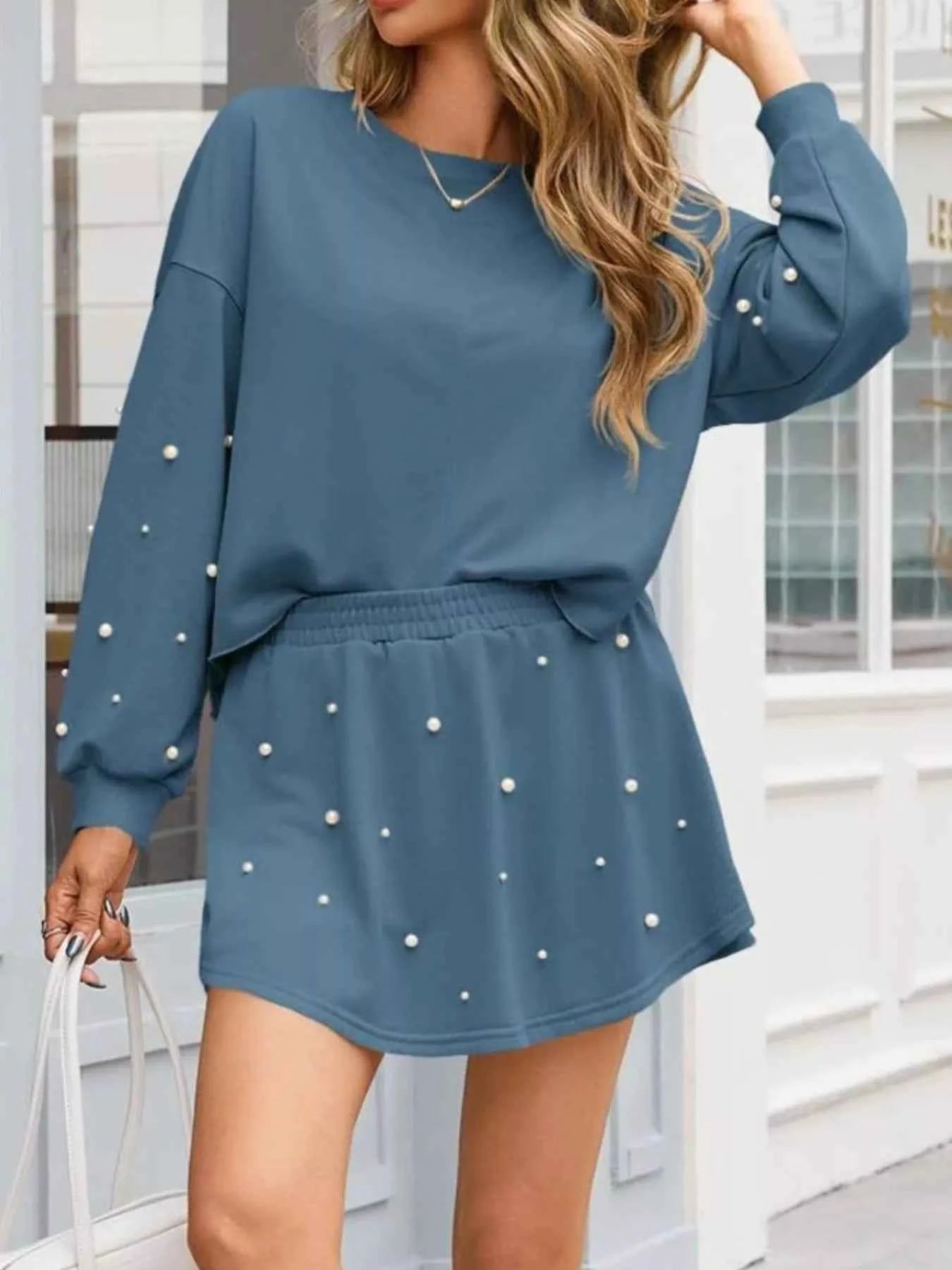 Pearl Embellished Round Neck Top and Skort Set