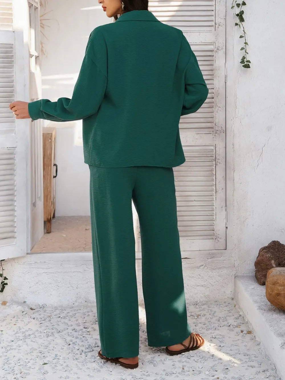 Devine Collared Neck Long Sleeve Top and Pants Set.
