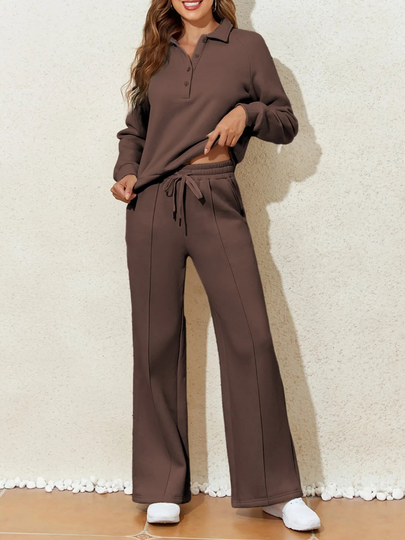Collared Sweatshirt and High Waist Pants Active Set.