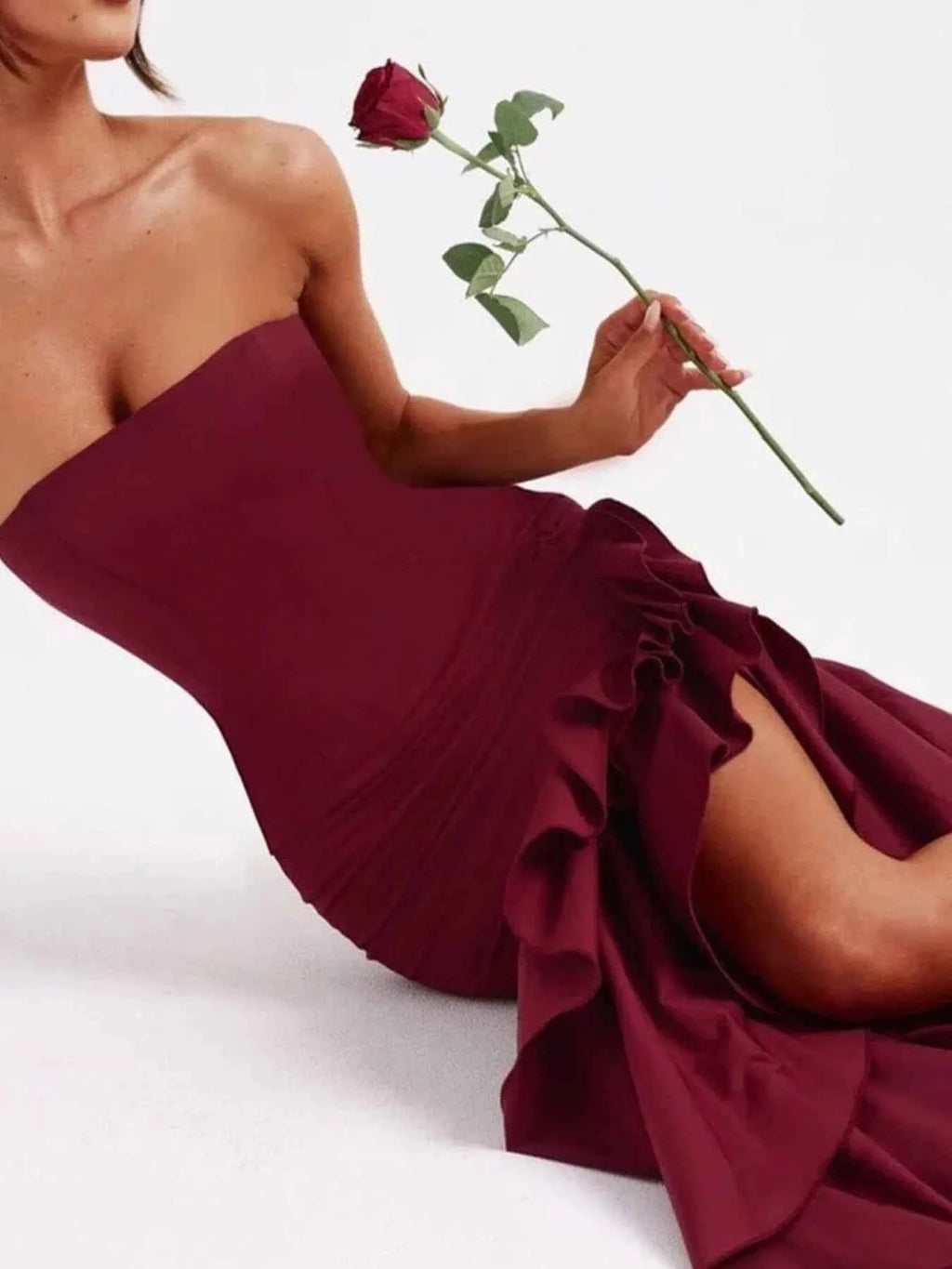 Strapless Ruffle High-Low Bodycon Dress.