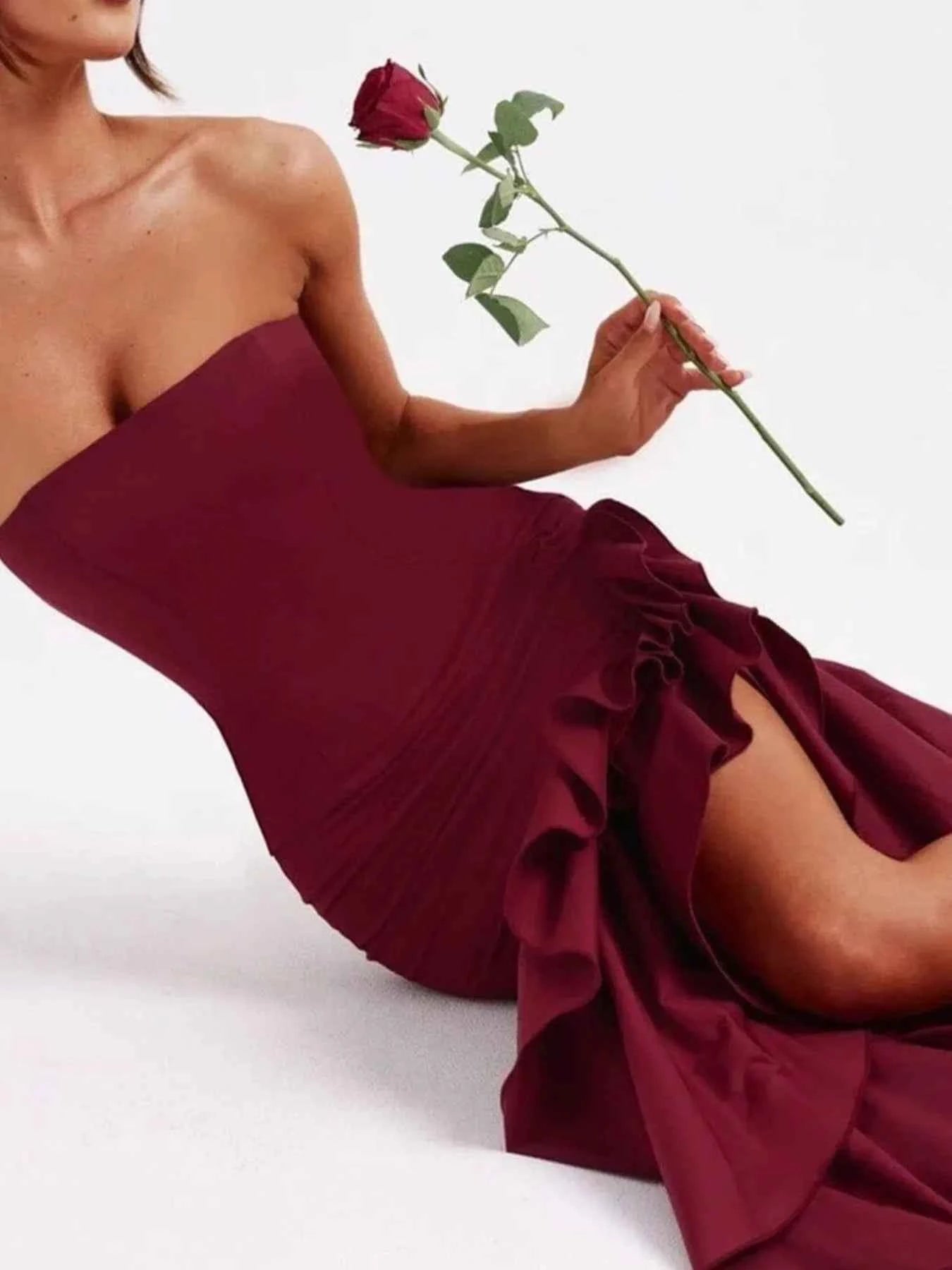 Strapless Ruffle High-Low Bodycon Dress.