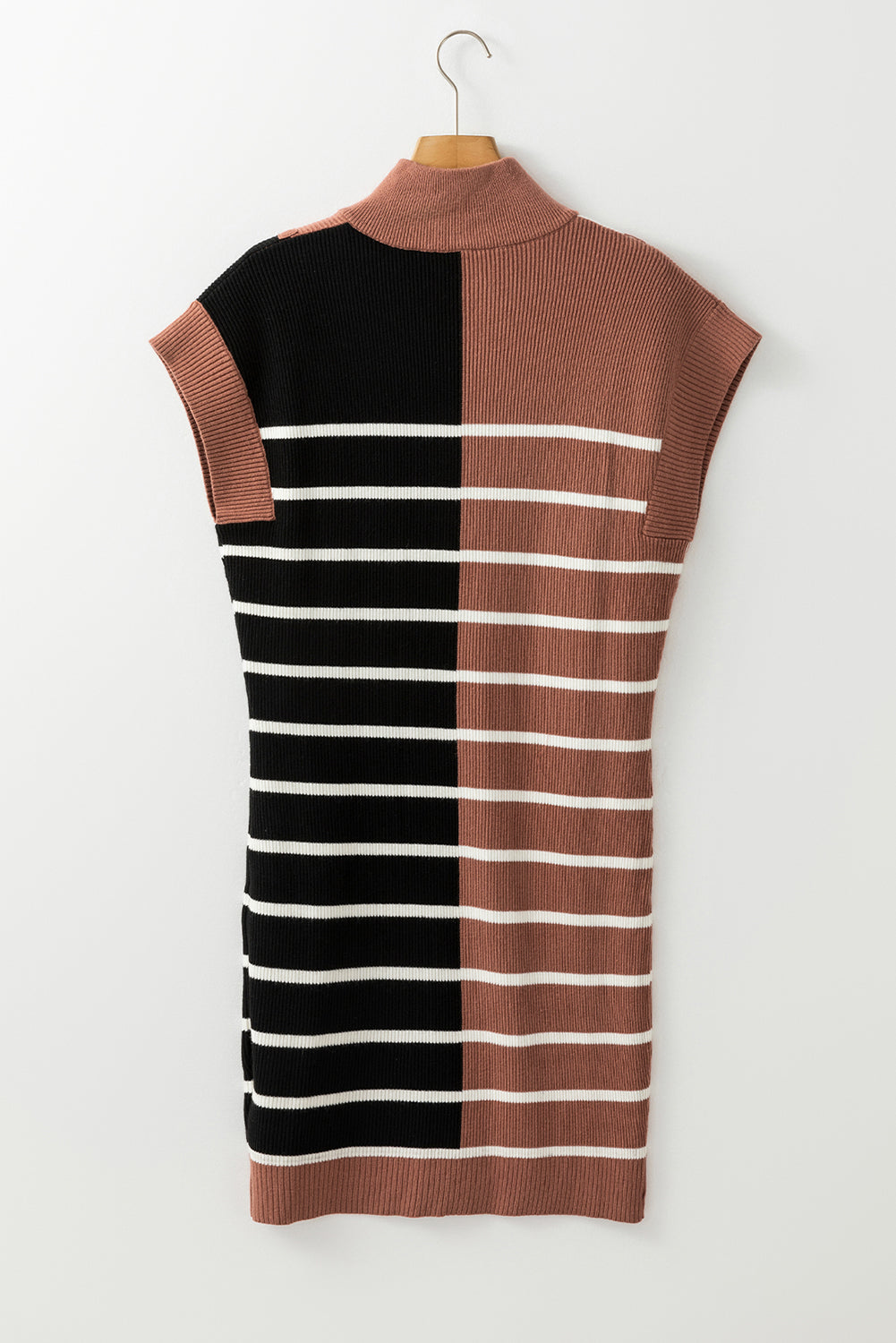 Black Stripe Color Block Quarter Zip Collar Short Sleeve Sweater Dress Dear-Lover Dropshipping