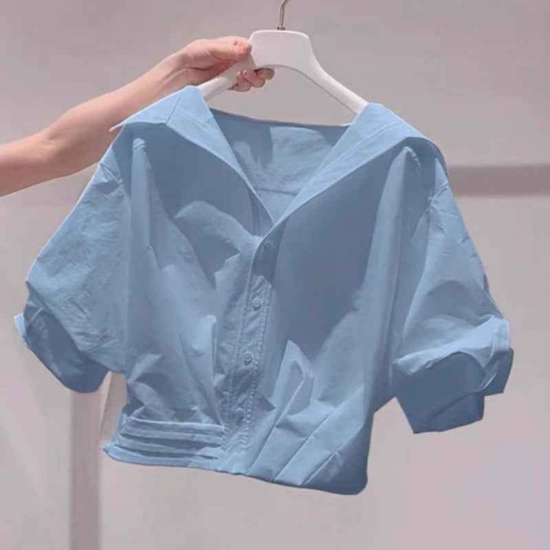 Women's Solid Color Lapel Short-sleeve Shirt