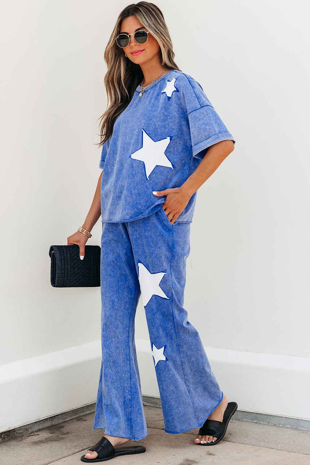 Ashleigh Blue Acid Wash Star Patched Rolled Trim Pants Set