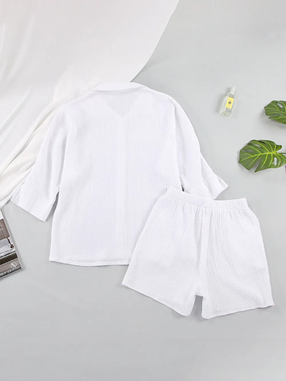 Texture Button Up Shirt and Shorts Set - CHIC TB
